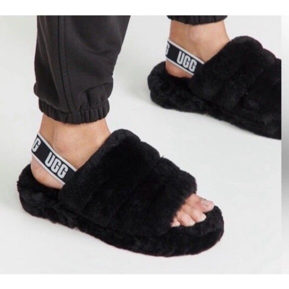 UGG Fluff Yeah Slide On Slippers Black Sherpa Slingback Plush Women’s Size 11 - Picture 3 of 10